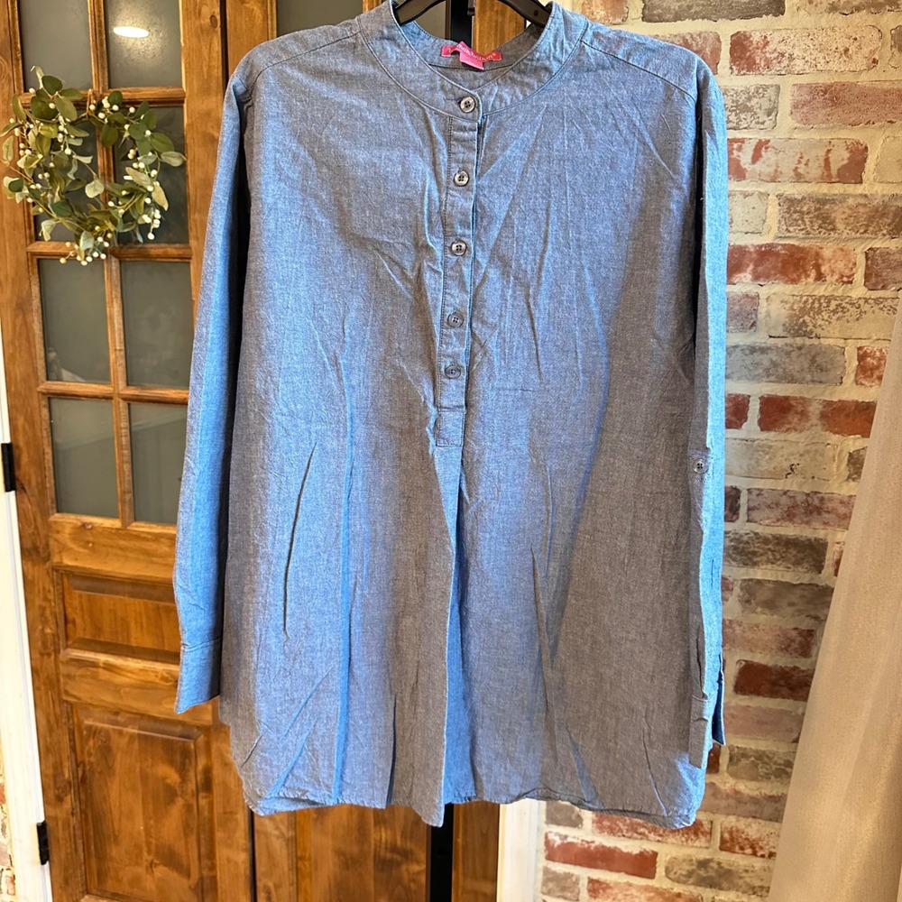 Woman Within Button Up Shirt Women Blue Long Sleeve Coastal Granola Tunic 18/20